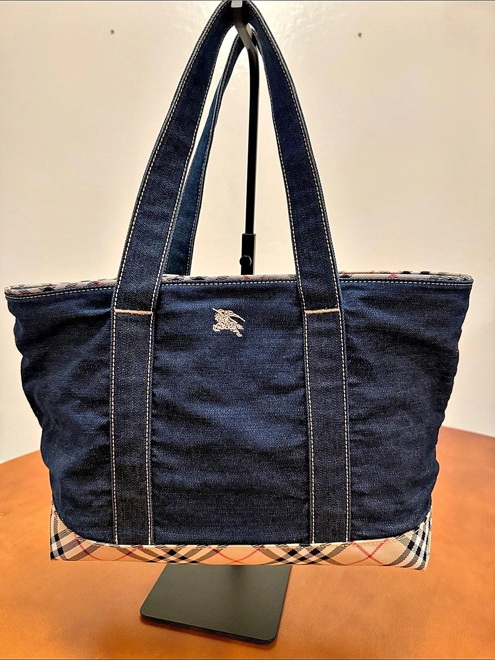 Burberry Denim Check Tote Bag in Blue & Beige